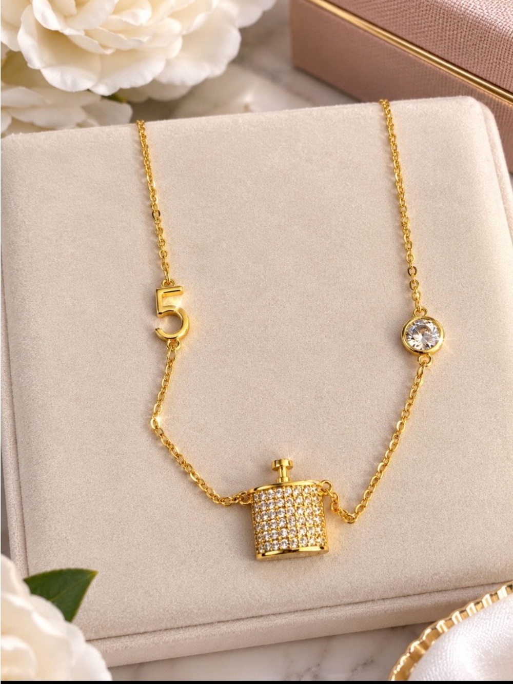 Gold Number 5 Charm Necklace with Crystal Accent size 16